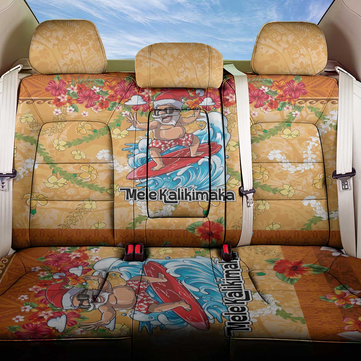 Hawaii Mele Kalikimaka Back Car Seat Cover Funny Santa Claus Surfing on Tropical Plants - Polynesian Pride