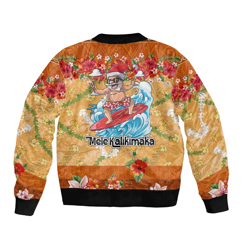 Hawaii Mele Kalikimaka Bomber Jacket Funny Santa Claus Surfing on Tropical Plants - Polynesian Pride