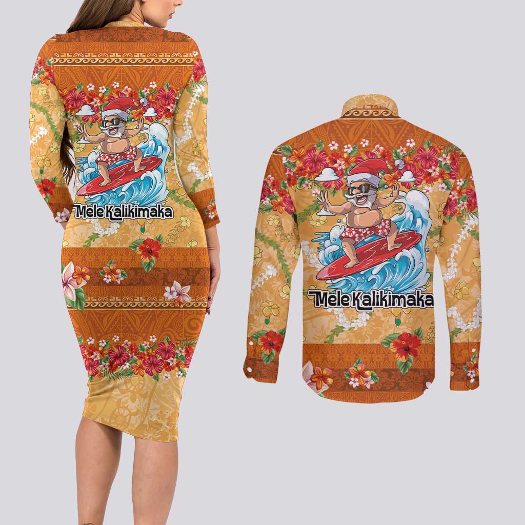 Hawaii Mele Kalikimaka Couples Matching Long Sleeve Bodycon Dress and Long Sleeve Button Shirt Funny Santa Claus Surfing on Tropical Plants - Polynesian Pride