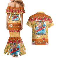 Hawaii Mele Kalikimaka Couples Matching Mermaid Dress and Hawaiian Shirt Funny Santa Claus Surfing on Tropical Plants - Polynesian Pride