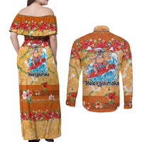 Hawaii Mele Kalikimaka Couples Matching Off Shoulder Maxi Dress and Long Sleeve Button Shirt Funny Santa Claus Surfing on Tropical Plants - Polynesian Pride