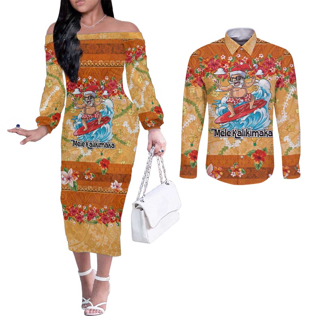 Hawaii Mele Kalikimaka Couples Matching Off The Shoulder Long Sleeve Dress and Long Sleeve Button Shirt Funny Santa Claus Surfing on Tropical Plants - Polynesian Pride