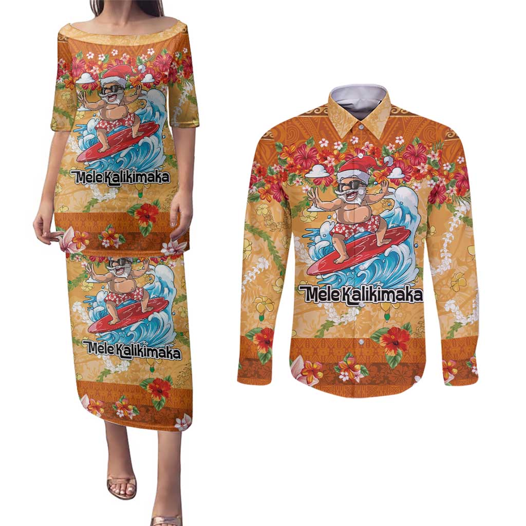 Hawaii Mele Kalikimaka Couples Matching Puletasi and Long Sleeve Button Shirt Funny Santa Claus Surfing on Tropical Plants - Polynesian Pride