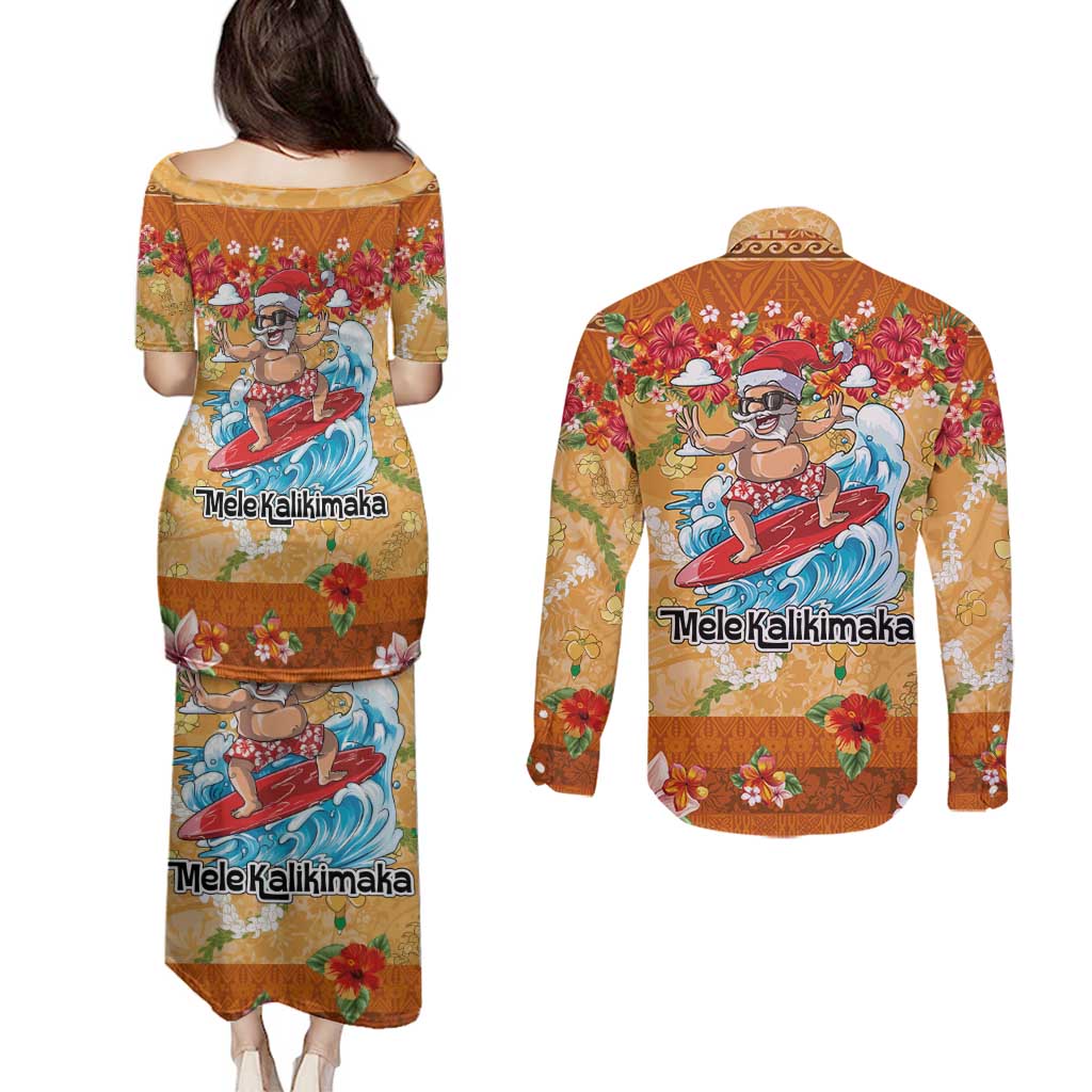 Hawaii Mele Kalikimaka Couples Matching Puletasi and Long Sleeve Button Shirt Funny Santa Claus Surfing on Tropical Plants - Polynesian Pride