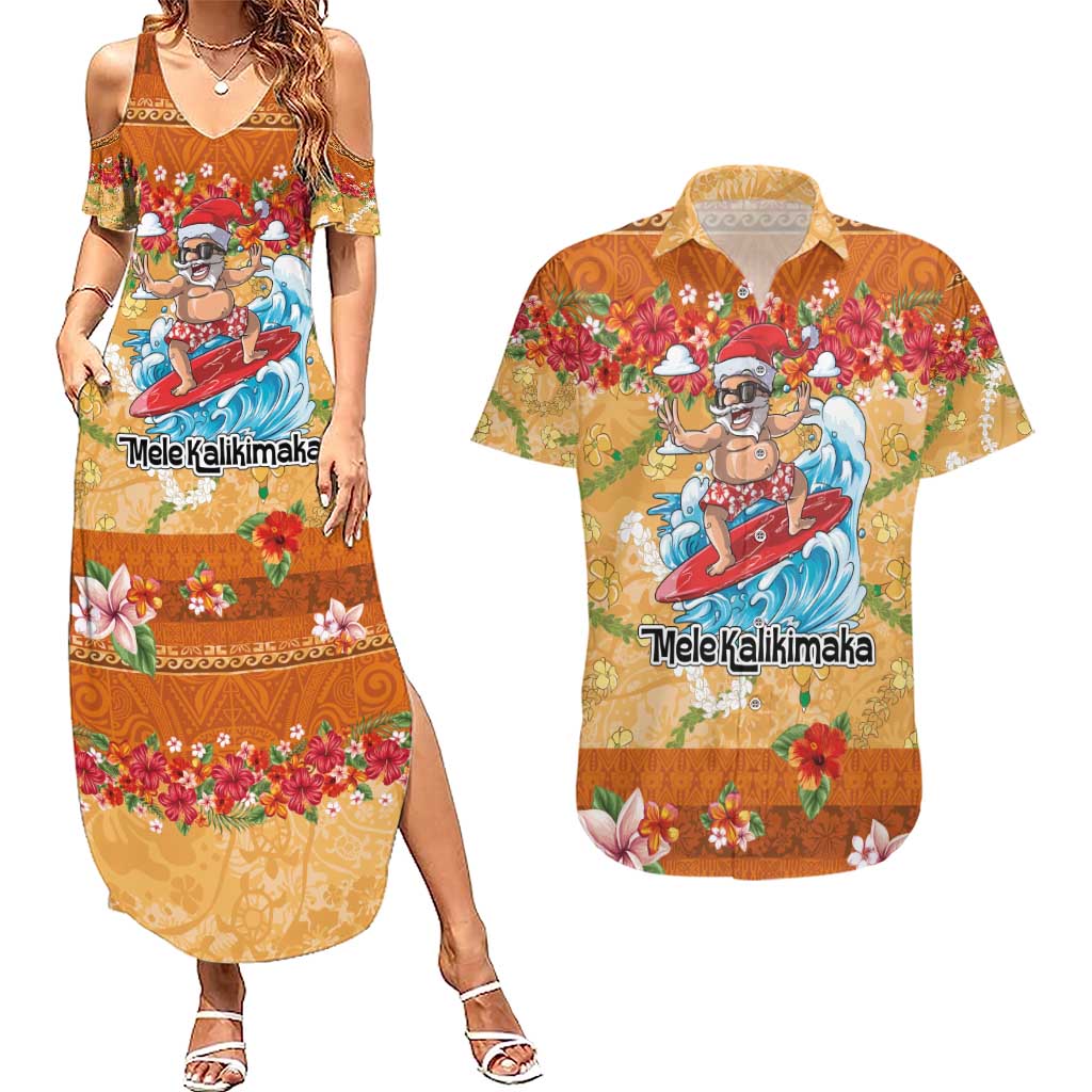 Hawaii Mele Kalikimaka Couples Matching Summer Maxi Dress and Hawaiian Shirt Funny Santa Claus Surfing on Tropical Plants - Polynesian Pride