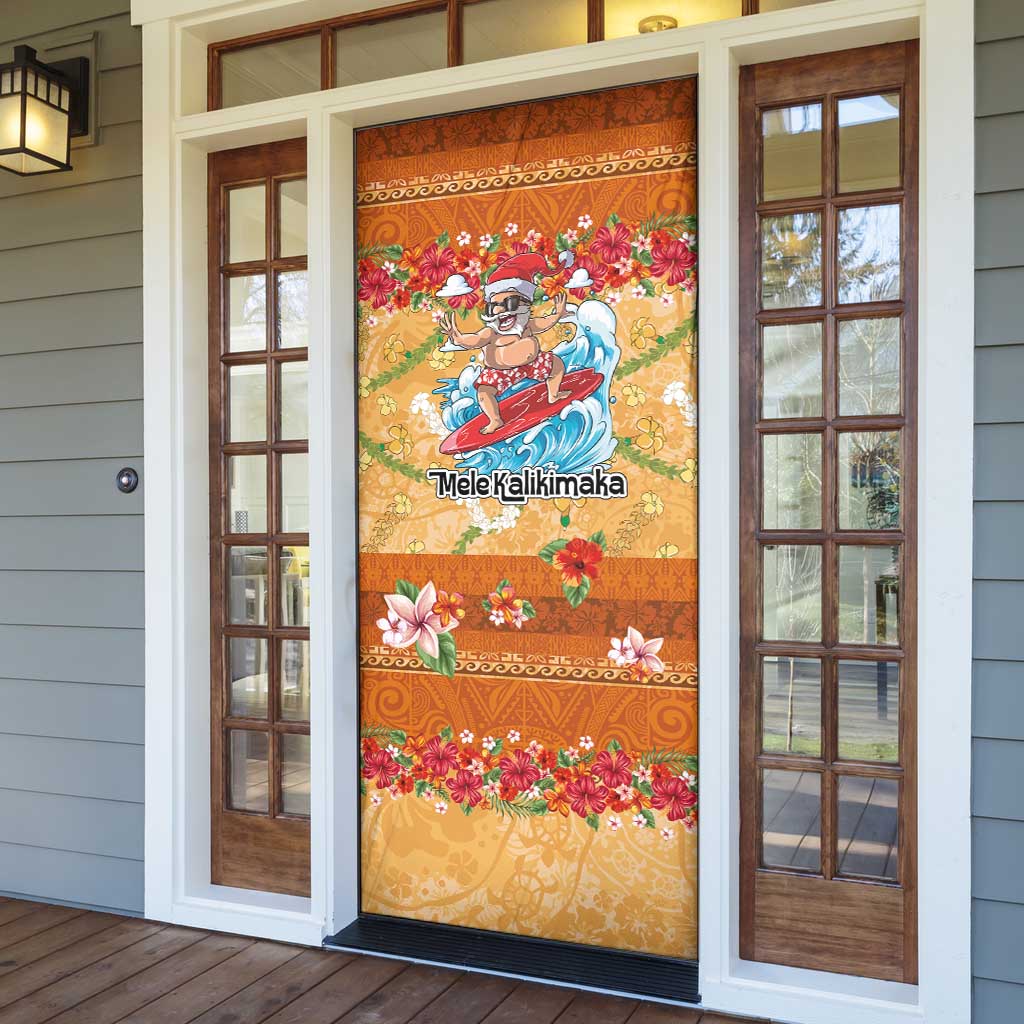 Hawaii Mele Kalikimaka Door Cover Funny Santa Claus Surfing on Tropical Plants - Polynesian Pride