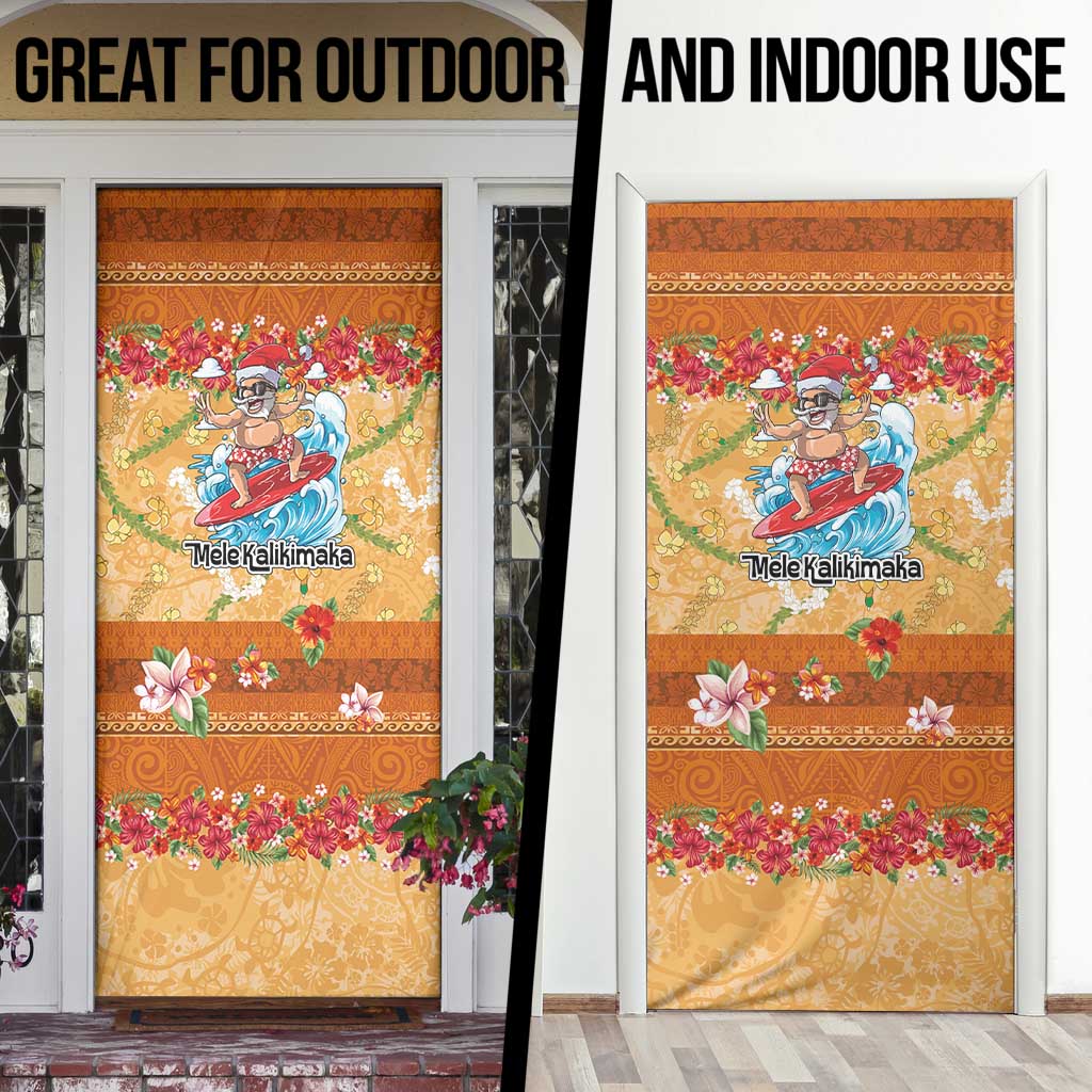 Hawaii Mele Kalikimaka Door Cover Funny Santa Claus Surfing on Tropical Plants - Polynesian Pride
