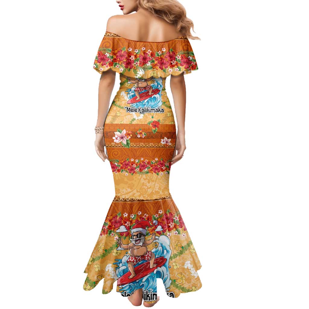 Hawaii Mele Kalikimaka Family Matching Mermaid Dress and Hawaiian Shirt Funny Santa Claus Surfing on Tropical Plants - Polynesian Pride