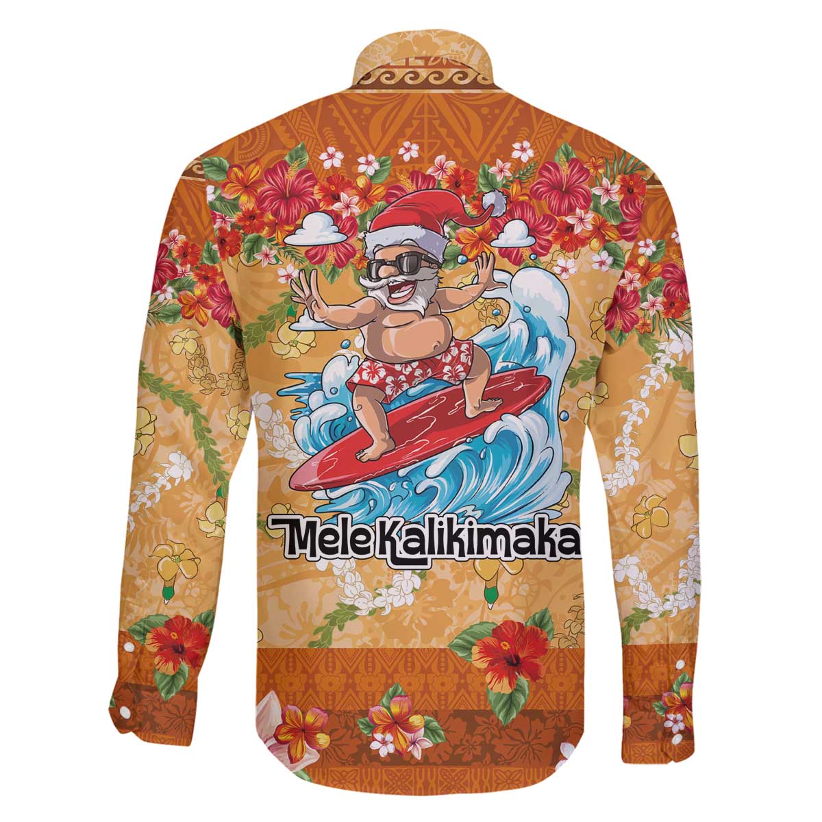 Hawaii Mele Kalikimaka Family Matching Off The Shoulder Long Sleeve Dress and Hawaiian Shirt Funny Santa Claus Surfing on Tropical Plants - Polynesian Pride