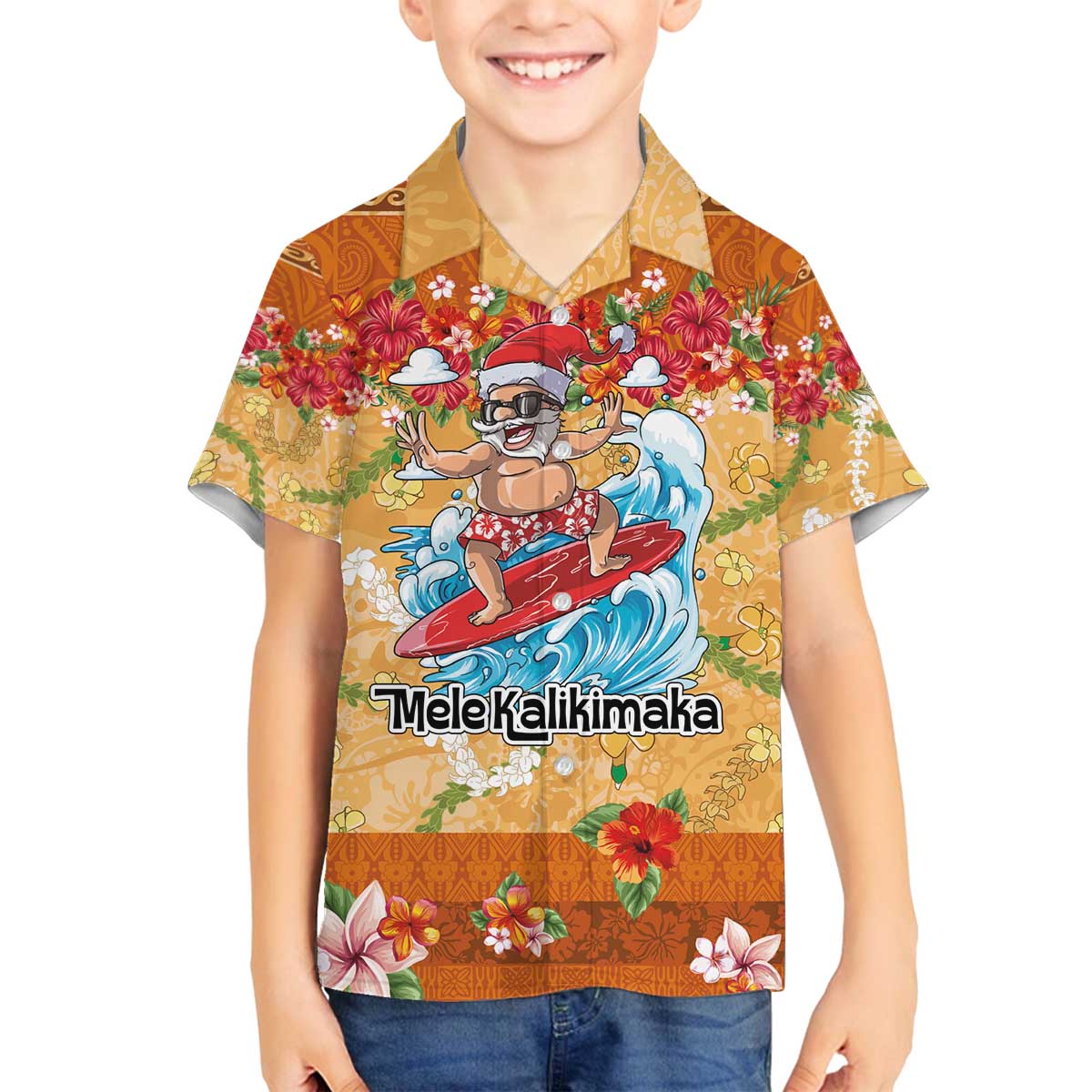 Hawaii Mele Kalikimaka Family Matching Off The Shoulder Long Sleeve Dress and Hawaiian Shirt Funny Santa Claus Surfing on Tropical Plants - Polynesian Pride