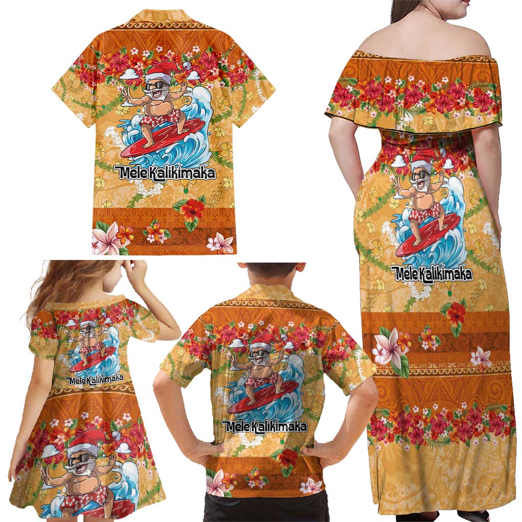 Hawaii Mele Kalikimaka Family Matching Off Shoulder Maxi Dress and Hawaiian Shirt Funny Santa Claus Surfing on Tropical Plants - Polynesian Pride