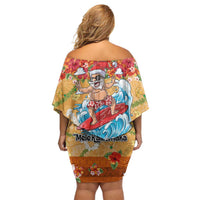 Hawaii Mele Kalikimaka Family Matching Off Shoulder Short Dress and Hawaiian Shirt Funny Santa Claus Surfing on Tropical Plants - Polynesian Pride