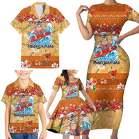 Hawaii Mele Kalikimaka Family Matching Short Sleeve Bodycon Dress and Hawaiian Shirt Funny Santa Claus Surfing on Tropical Plants - Polynesian Pride