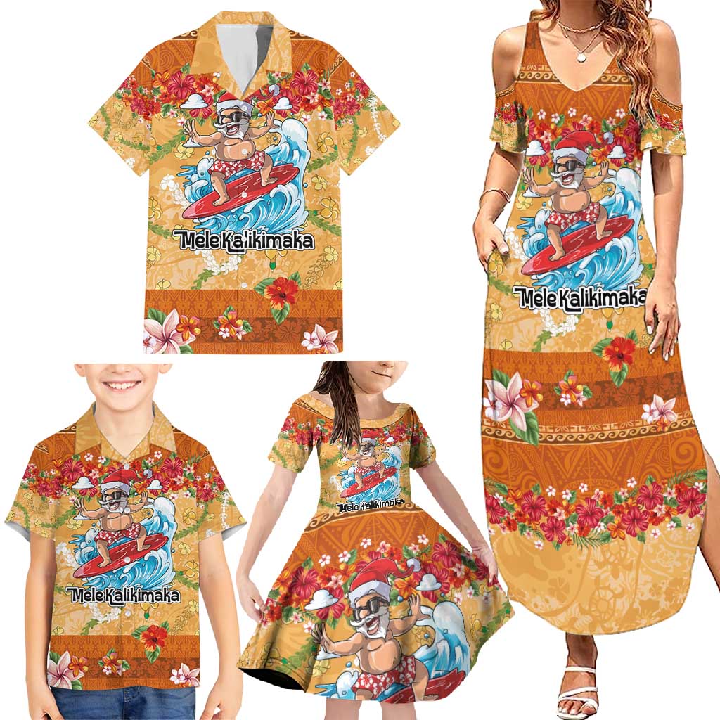 Hawaii Mele Kalikimaka Family Matching Summer Maxi Dress and Hawaiian Shirt Funny Santa Claus Surfing on Tropical Plants - Polynesian Pride