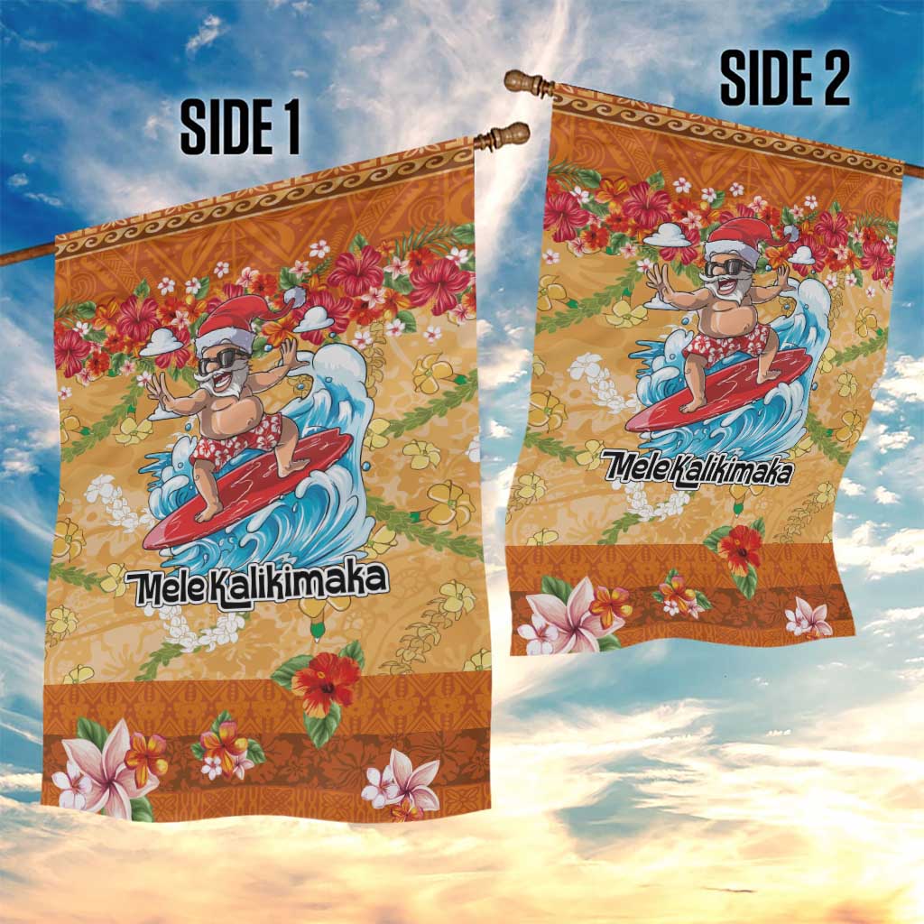 Hawaii Mele Kalikimaka Garden Flag Funny Santa Claus Surfing on Tropical Plants - Polynesian Pride
