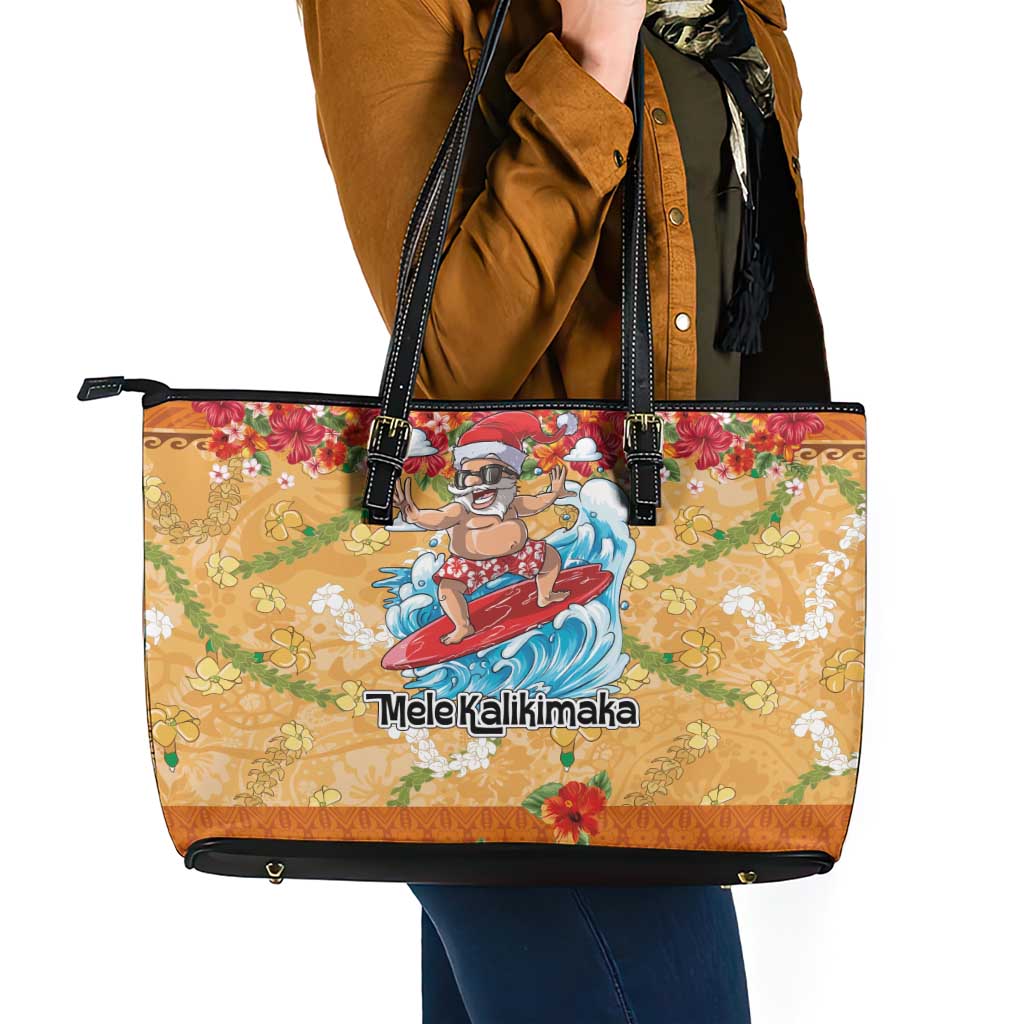 Hawaii Mele Kalikimaka Leather Tote Bag Funny Santa Claus Surfing on Tropical Plants - Polynesian Pride