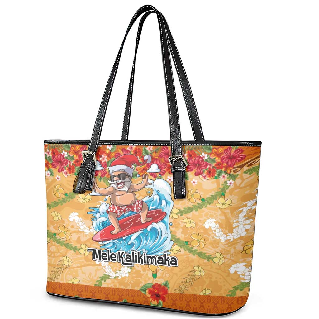 Hawaii Mele Kalikimaka Leather Tote Bag Funny Santa Claus Surfing on Tropical Plants - Polynesian Pride