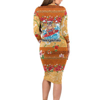 Hawaii Mele Kalikimaka Long Sleeve Bodycon Dress Funny Santa Claus Surfing on Tropical Plants - Polynesian Pride