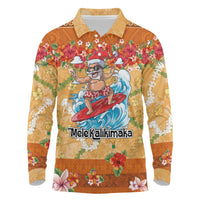 Hawaii Mele Kalikimaka Long Sleeve Polo Shirt Funny Santa Claus Surfing on Tropical Plants - Polynesian Pride