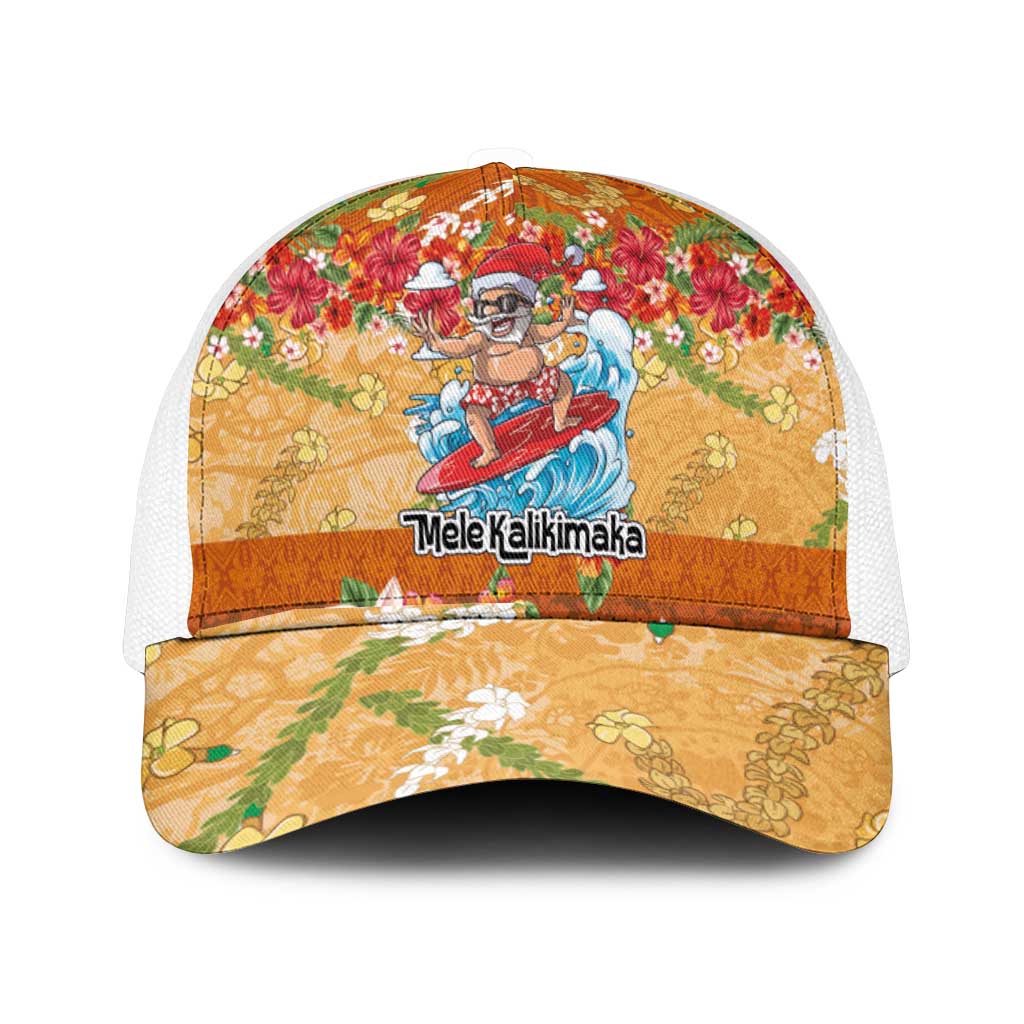 Hawaii Mele Kalikimaka Mesh Trucker Cap Funny Santa Claus Surfing on Tropical Plants - Polynesian Pride