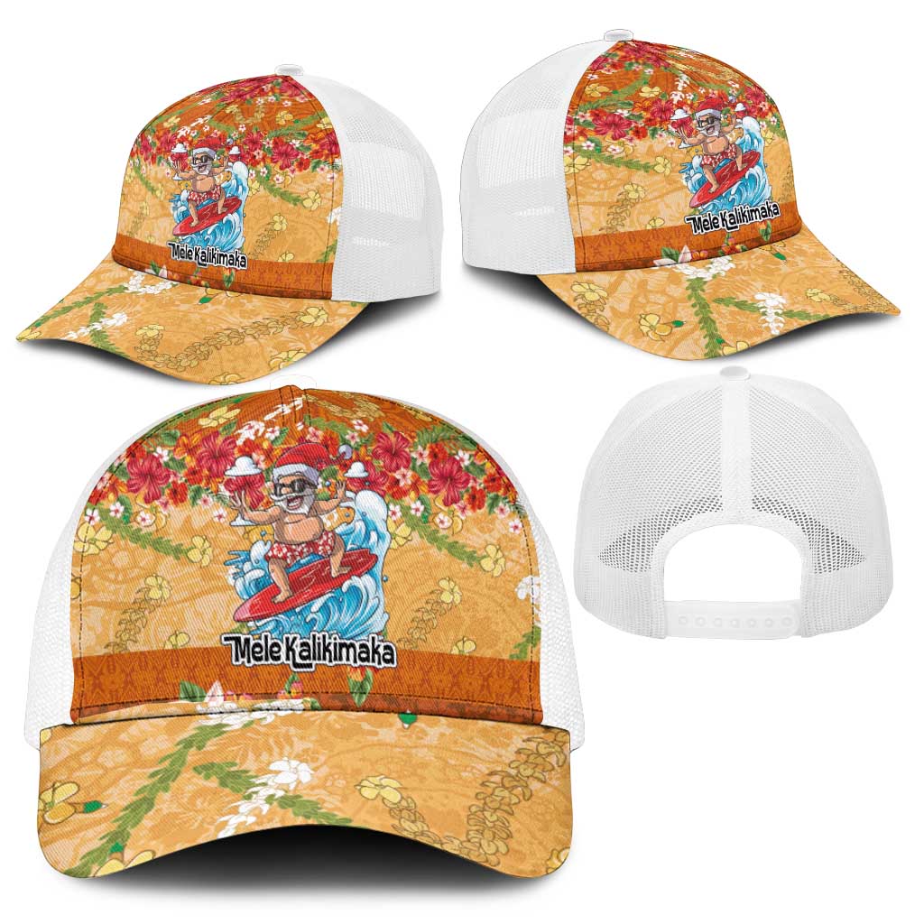 Hawaii Mele Kalikimaka Mesh Trucker Cap Funny Santa Claus Surfing on Tropical Plants - Polynesian Pride
