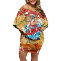 Hawaii Mele Kalikimaka Off Shoulder Short Dress Funny Santa Claus Surfing on Tropical Plants - Polynesian Pride