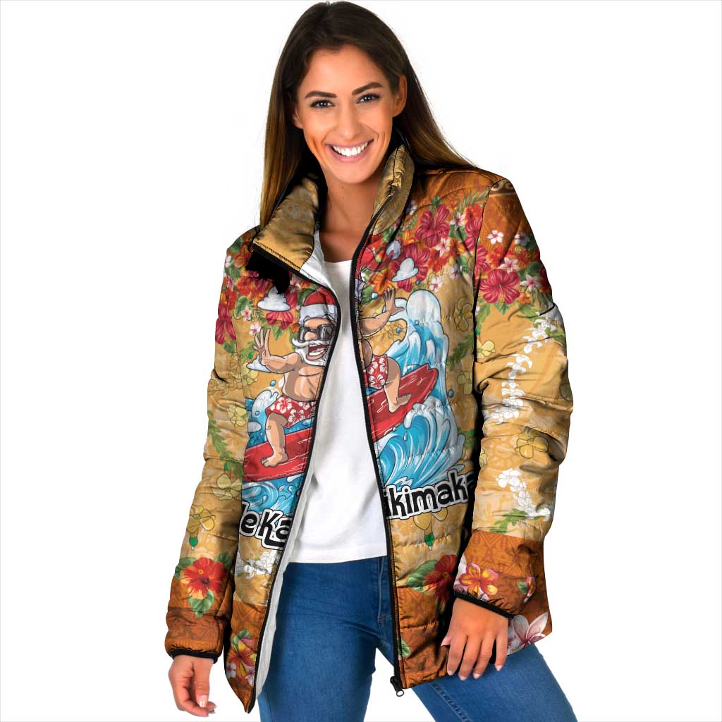 Hawaii Mele Kalikimaka Padded Jacket Funny Santa Claus Surfing on Tropical Plants - Polynesian Pride