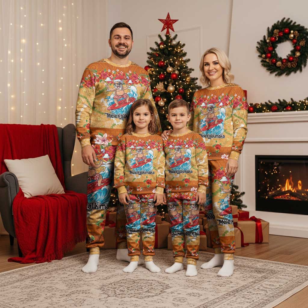 Hawaii Mele Kalikimaka Christmas Pajama Set Funny Santa Claus Surfing on Tropical Plants LT03 - Polynesian Pride