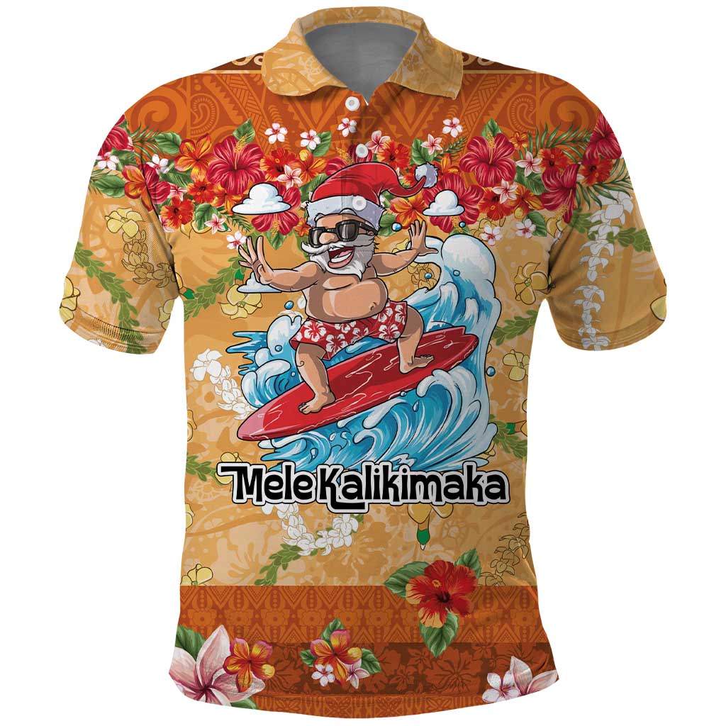 Hawaii Mele Kalikimaka Polo Shirt Funny Santa Claus Surfing on Tropical Plants - Polynesian Pride