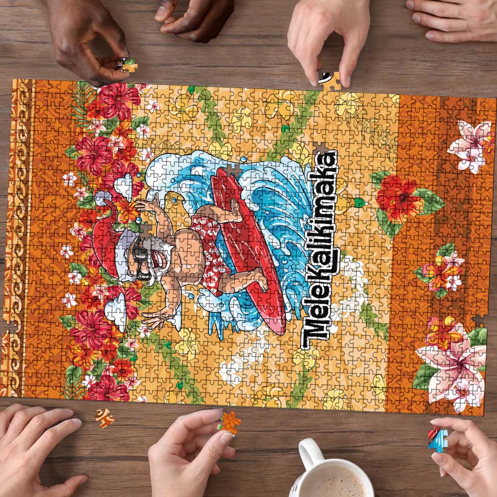 Hawaii Mele Kalikimaka Puzzle Funny Santa Claus Surfing on Tropical Plants - Polynesian Pride