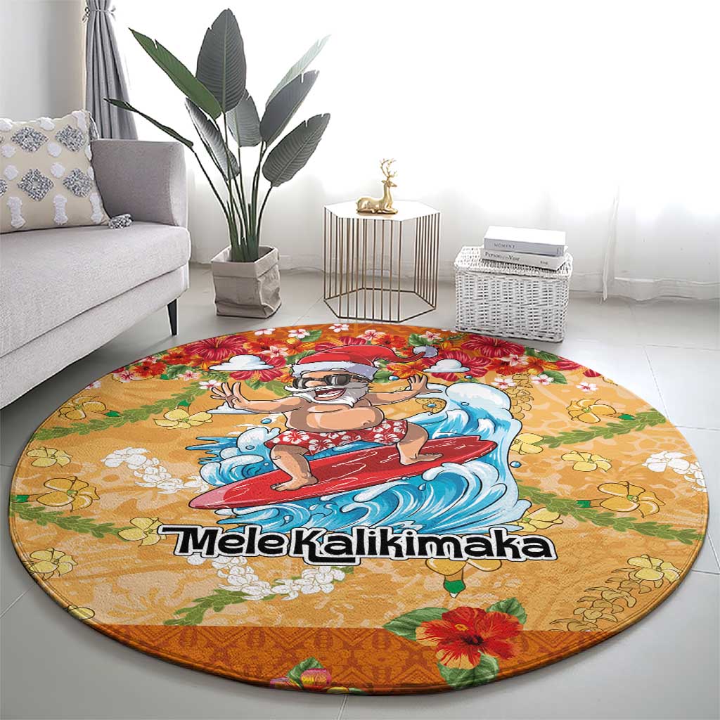 Hawaii Mele Kalikimaka Round Carpet Funny Santa Claus Surfing on Tropical Plants - Polynesian Pride
