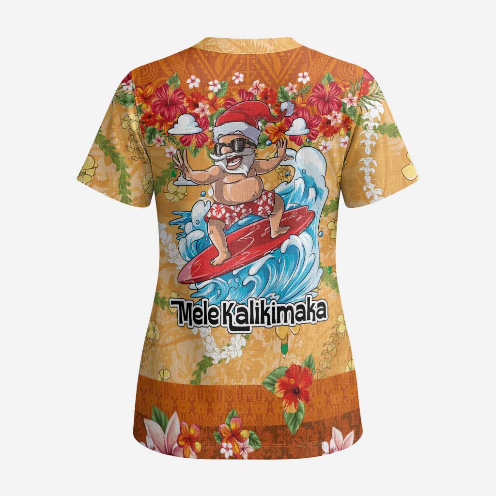 Hawaii Mele Kalikimaka Scrub Top Funny Santa Claus Surfing on Tropical Plants - Polynesian Pride