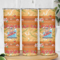Hawaii Mele Kalikimaka Skinny Tumbler Funny Santa Claus Surfing on Tropical Plants - Polynesian Pride