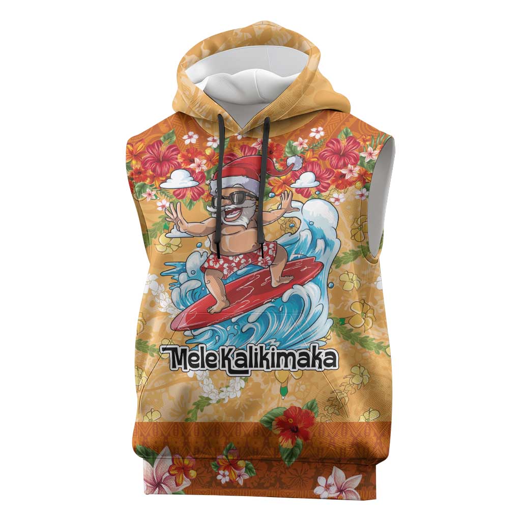 Hawaii Mele Kalikimaka Sleeveless Hoodie Funny Santa Claus Surfing on Tropical Plants - Polynesian Pride