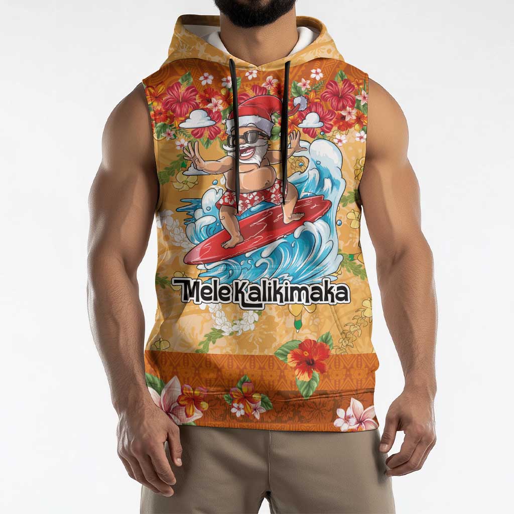 Hawaii Mele Kalikimaka Sleeveless Hoodie Funny Santa Claus Surfing on Tropical Plants - Polynesian Pride