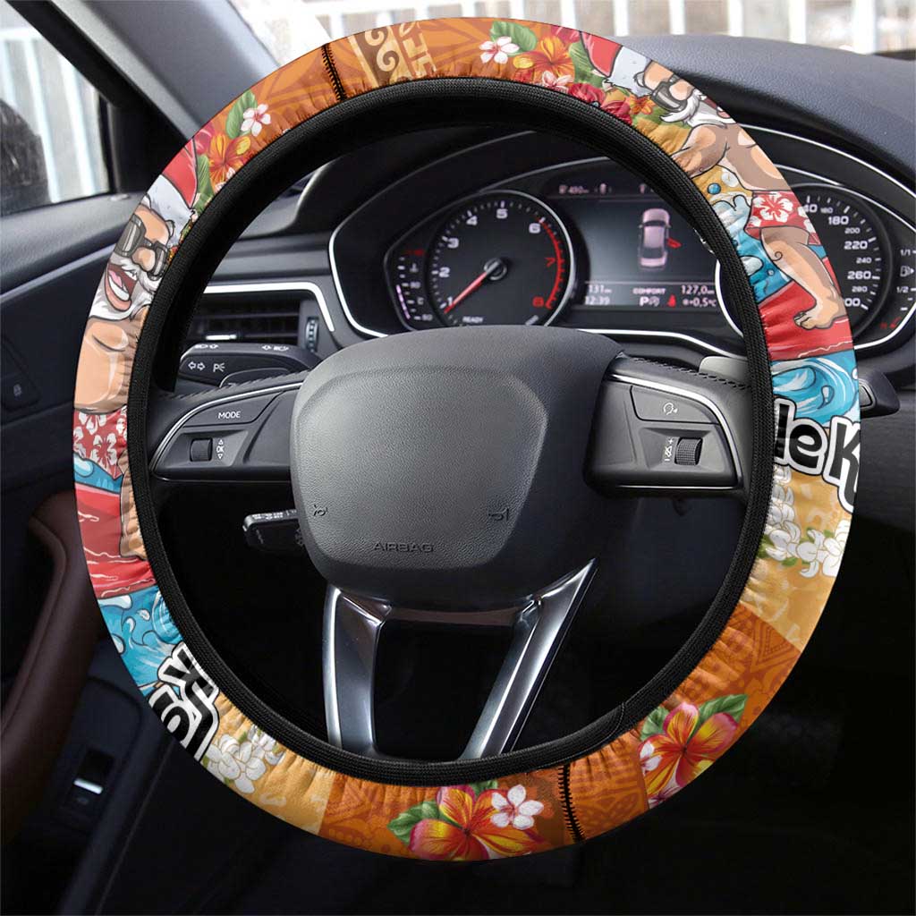 Hawaii Mele Kalikimaka Steering Wheel Cover Funny Santa Claus Surfing on Tropical Plants - Polynesian Pride