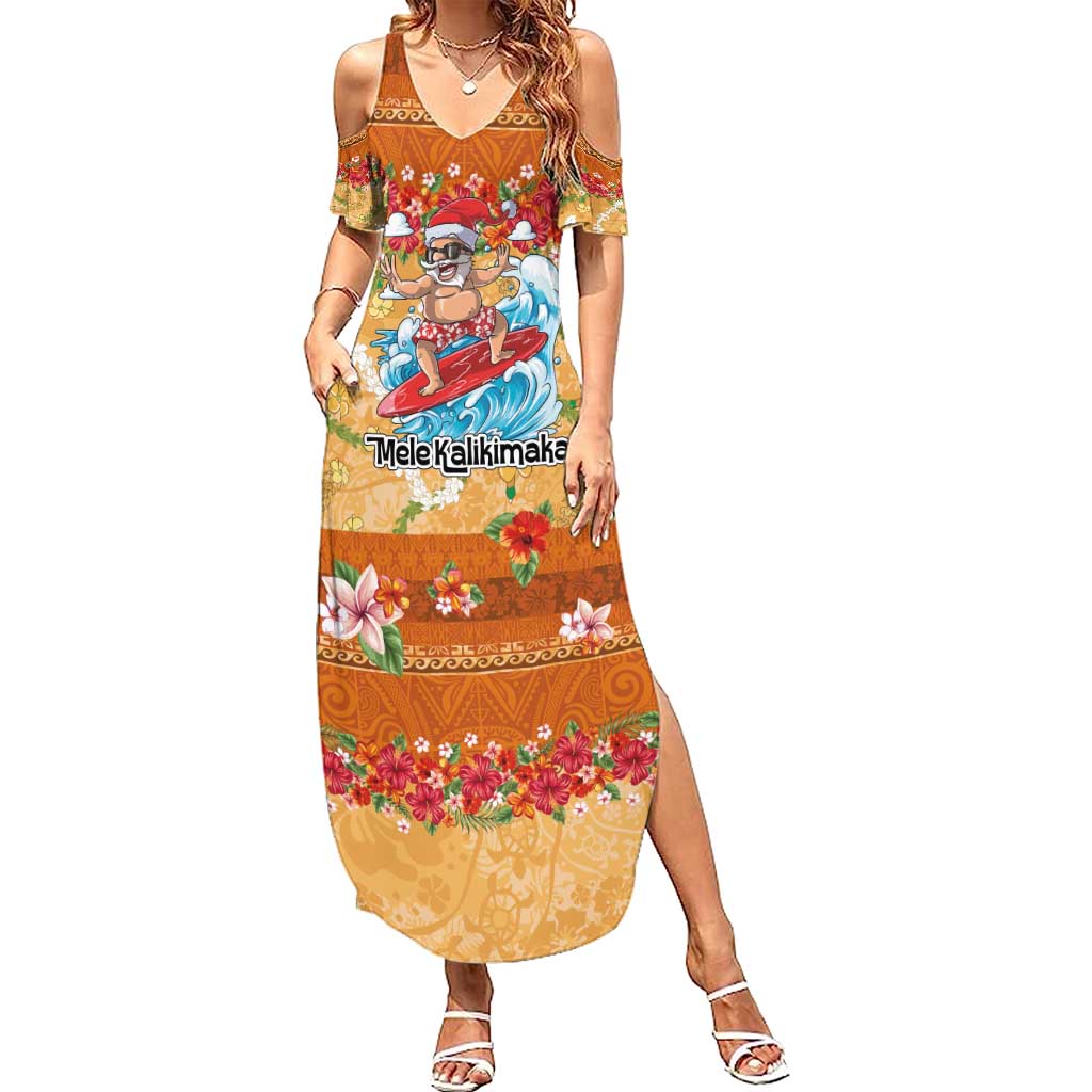 Hawaii Mele Kalikimaka Summer Maxi Dress Funny Santa Claus Surfing on Tropical Plants - Polynesian Pride