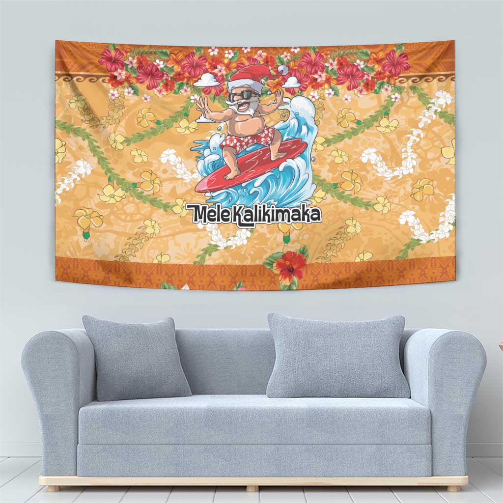 Hawaii Mele Kalikimaka Tapestry Funny Santa Claus Surfing on Tropical Plants - Polynesian Pride