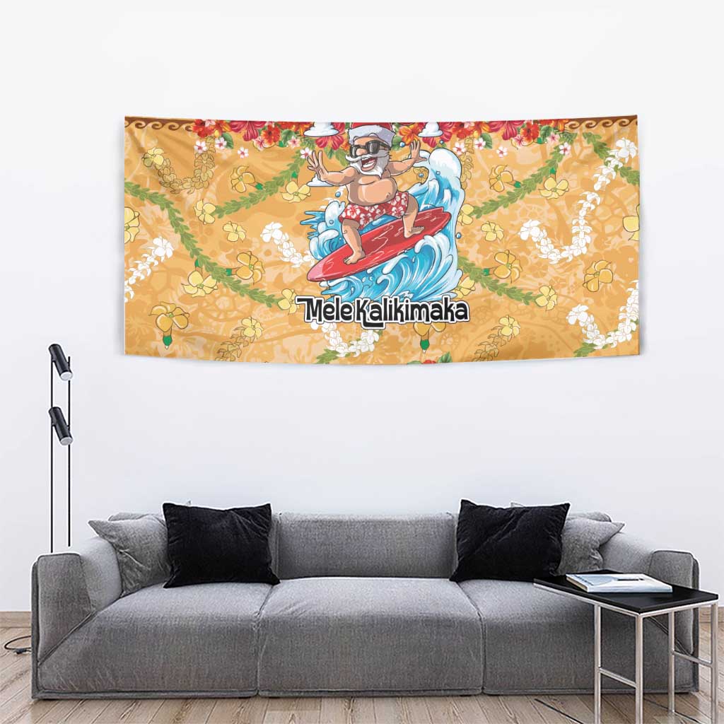 Hawaii Mele Kalikimaka Tapestry Funny Santa Claus Surfing on Tropical Plants - Polynesian Pride