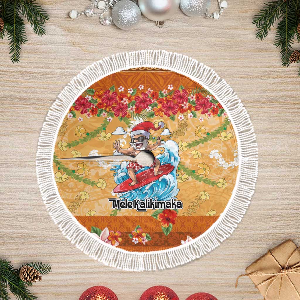 Hawaii Mele Kalikimaka Tree Skirt Funny Santa Claus Surfing on Tropical Plants LT03 Fringed Multicolor - Polynesian Pride