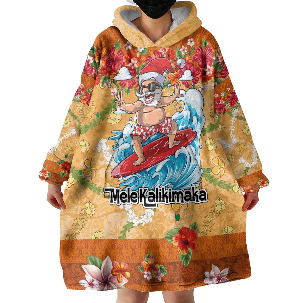Hawaii Mele Kalikimaka Wearable Blanket Hoodie Funny Santa Claus Surfing on Tropical Plants - Polynesian Pride