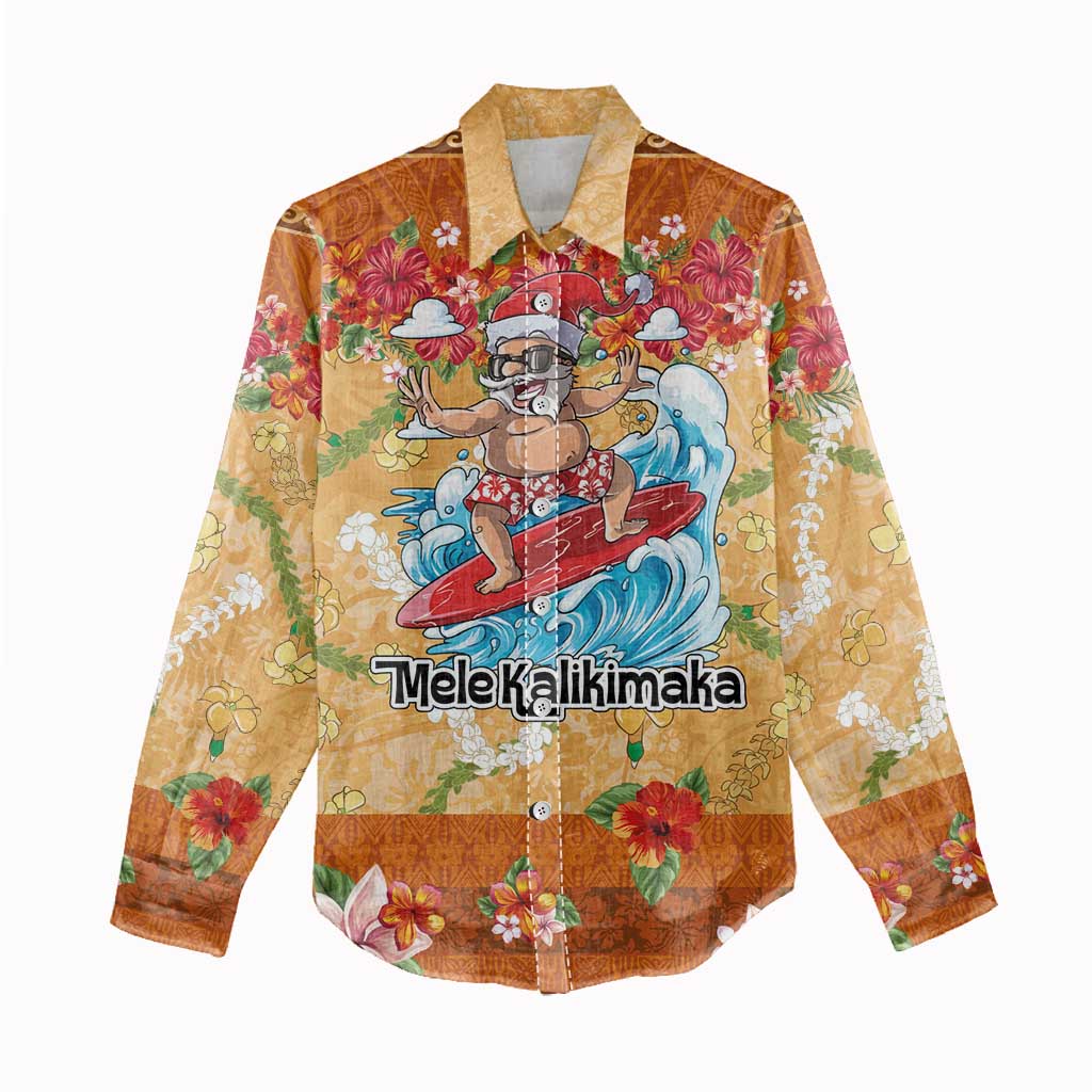 Hawaii Mele Kalikimaka Women Casual Shirt Funny Santa Claus Surfing on Tropical Plants - Polynesian Pride