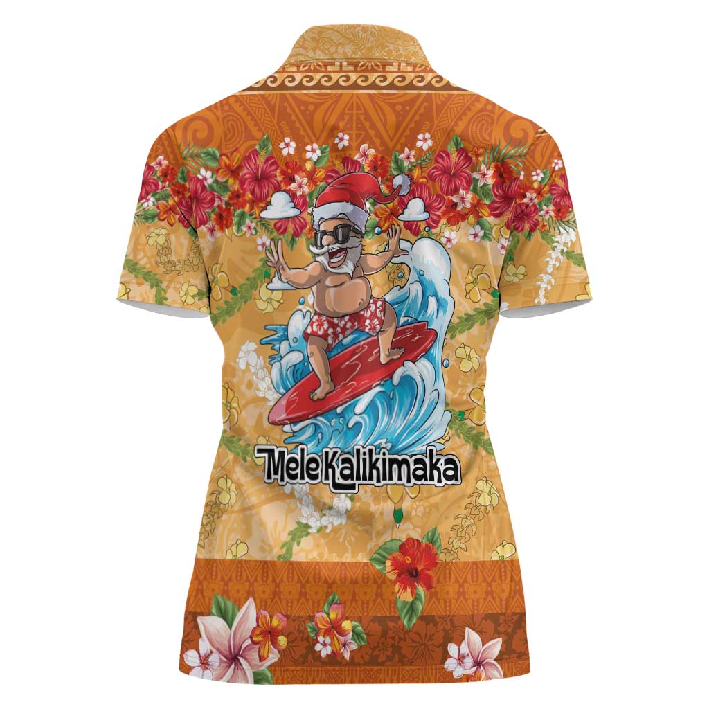 Hawaii Mele Kalikimaka Women Polo Shirt Funny Santa Claus Surfing on Tropical Plants - Polynesian Pride