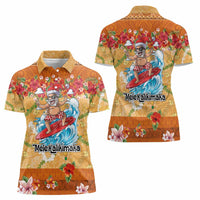 Hawaii Mele Kalikimaka Women Polo Shirt Funny Santa Claus Surfing on Tropical Plants - Polynesian Pride