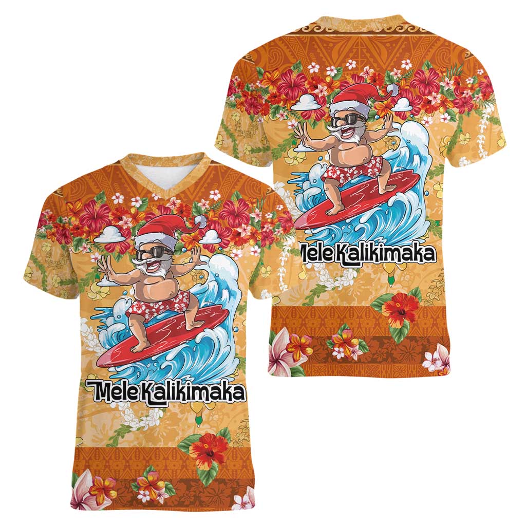 Hawaii Mele Kalikimaka Women V-Neck T-Shirt Funny Santa Claus Surfing on Tropical Plants - Polynesian Pride