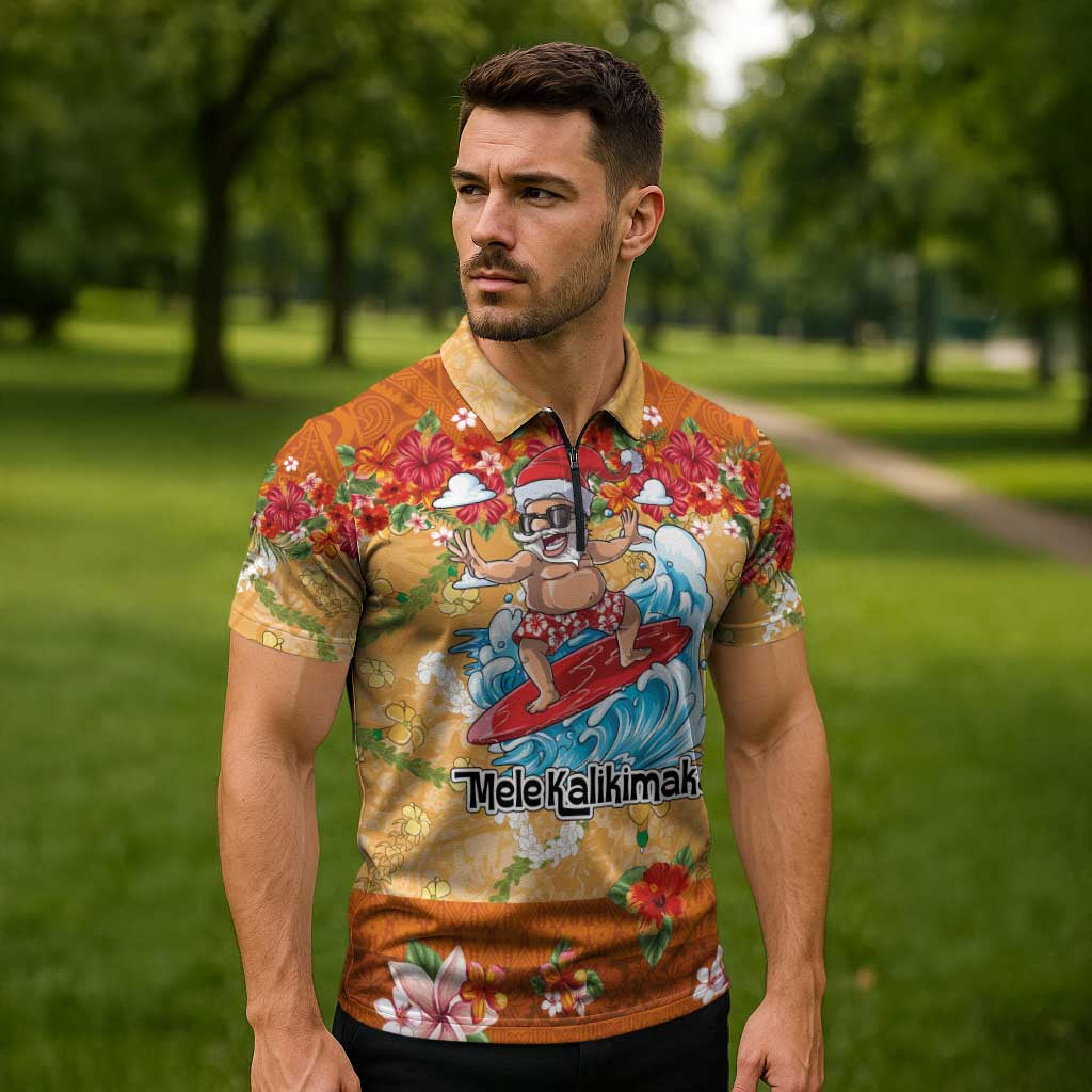 Hawaii Mele Kalikimaka Zipper Polo Shirt Funny Santa Claus Surfing on Tropical Plants - Polynesian Pride