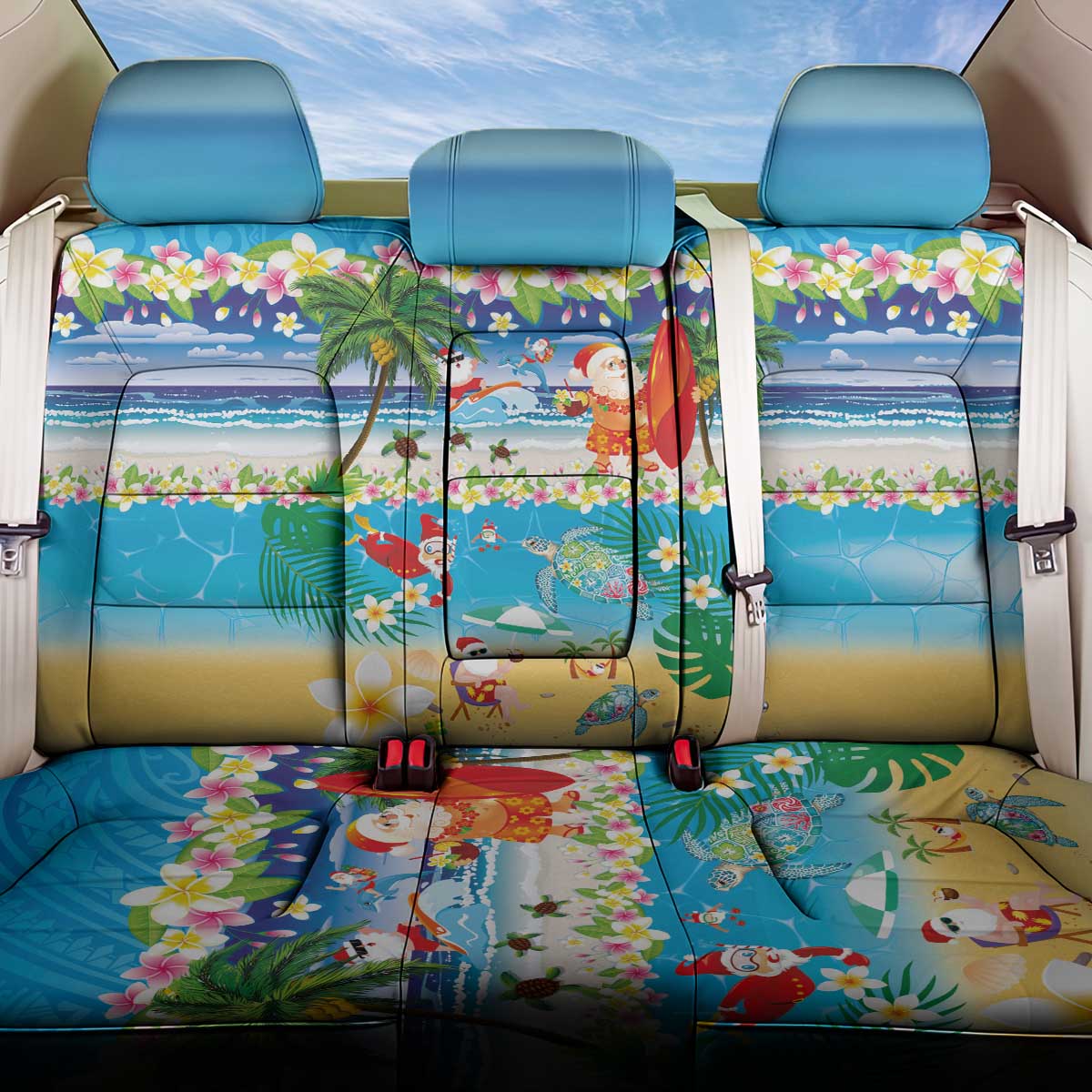Polynesian Merry Christmas Back Car Seat Cover Funny Santa Beach Tropical Plant and Turtle - Polynesian Pride