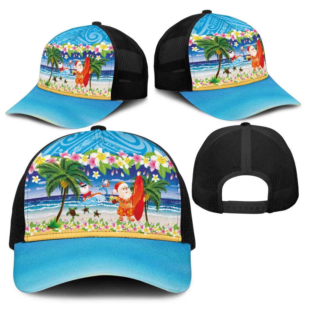 Polynesian Merry Christmas Baseball Net Cap Funny Santa Beach Tropical Plant and Turtle - Polynesian Pride