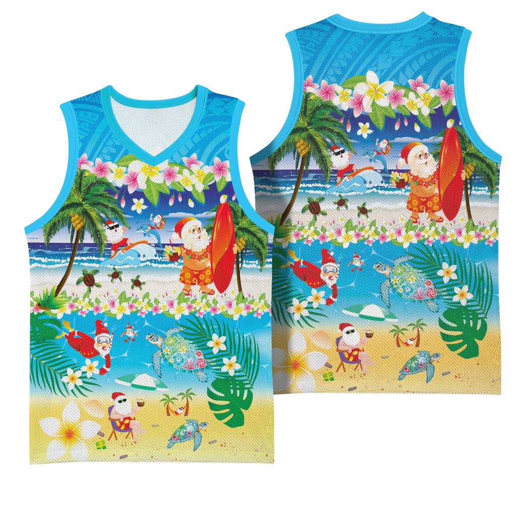 Polynesian Merry Christmas Basketball Jersey Funny Santa Beach Tropical Plant and Turtle LT03 - Polynesian Pride
