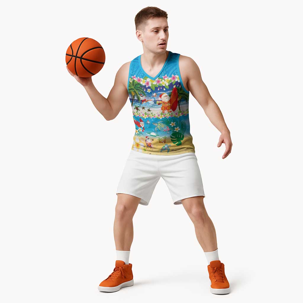 Polynesian Merry Christmas Basketball Jersey Funny Santa Beach Tropical Plant and Turtle LT03 - Polynesian Pride